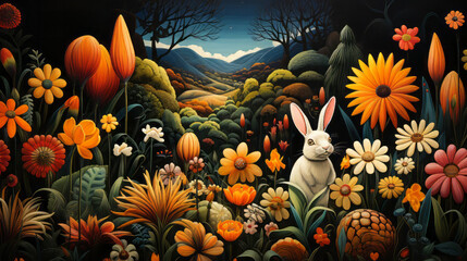 Easter Bunny Rabbit in a painted landscape with Spring-like flowers