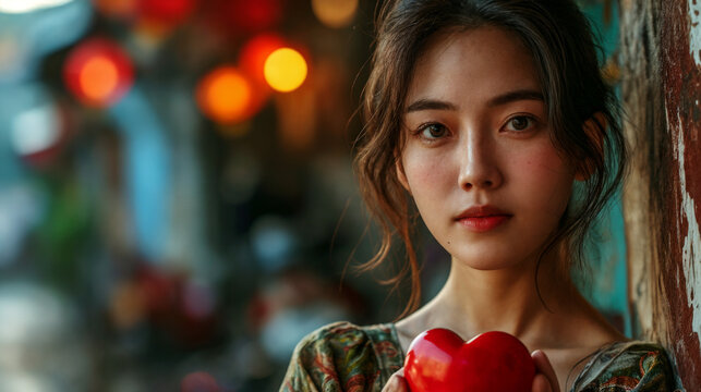 Pretty woman holding a red heart. Organ donation and translant concept. Donate your heart and save a life. Or a love and relationship concept.