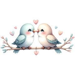 A cute couple of birds in love on a branch with hearts Valentine's Day greeting card