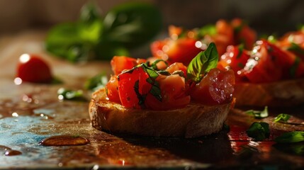 A close up of a small piece of bread with tomatoes and basil, AI - Powered by Adobe
