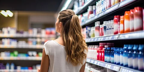 Schilderijen op glas A shopper comparing personal care product in the Tesco supermarket copy space  © kimly