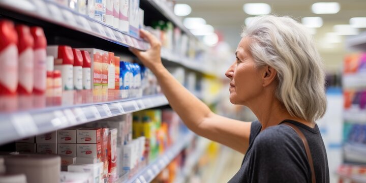 A shopper comparing personal care product in the Tesco supermarket copy space -