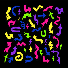 Big set of neon colored flat hand drawn arrows