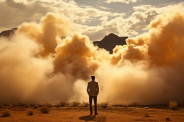 Desolate Man desert smoke. Poster action festival. Generate Ai