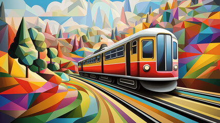Obraz premium A modern train is captured in motion as it travels through a vividly colored, abstract and geometric landscape. The sun appears high in the kaleidoscopic sky, suggesting it is around midday.