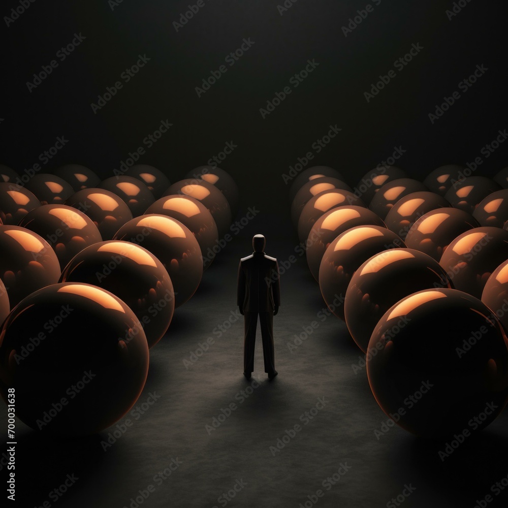 Poster a man standing in front of a large group of orange spheres. generative ai.