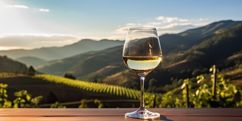 A wine glass, inside is a sunny hillside with a vineyard and mountains in the distance. copy space -