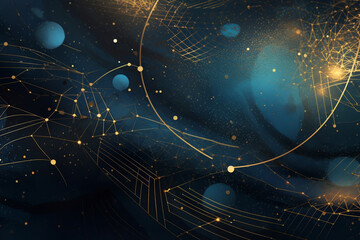 Graphic resources, space and cosmos concept. Abstract and minimalist cosmic background with golden and blue object - obrazy, fototapety, plakaty