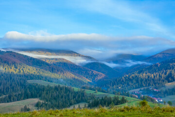Fototapeta na wymiar Wooded Ukrainian Carpathians and Day Fog