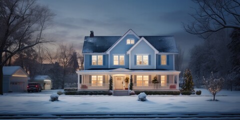 Beautiful home in the northeast, white exterior fully-illuminated windows, wide whole-home view with a neighborhood in background, snow, blizzard, snow falling - obrazy, fototapety, plakaty