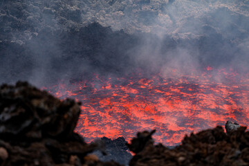 Eruptive vent with lava emis at the top of the Etna volcano