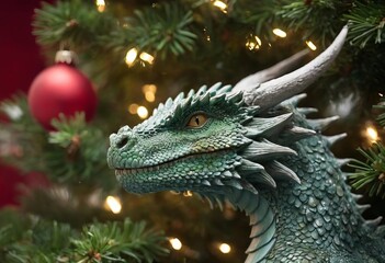 Statue of a green dragon sitting near a Christmas tree, fantasy art.