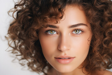 close-up portrait of a curly short-haired woman with brown hair