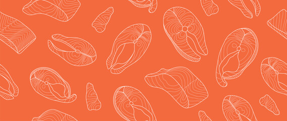 Salmon steak pattern texture background vector. Abstract salmon meat on orange background with stripes salmon line art. Design illustration for Japanese Restaurant, website, banner, packaging.