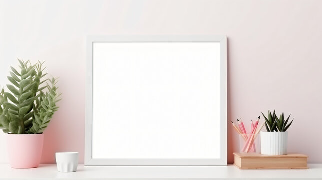 Creative designer workplace with picture frame mockup