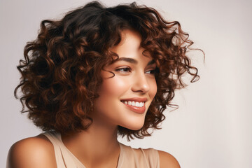 close-up portrait of a curly short-haired woman with brown hair