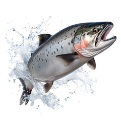 Salmon fish cut out on a transparent background. Red salmon fish emerges from the water. Design...