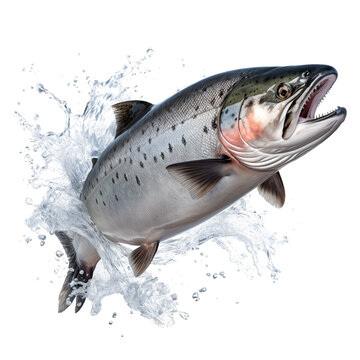 Salmon fish cut out on a transparent background. Red salmon fish emerges from the water. Design element to be inserted into an aquarium design or project