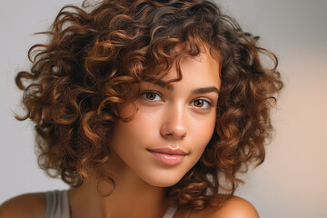 close-up portrait of a curly short-haired woman with brown hair