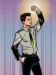 Celebrating victory. Politician with his hands raised high. Businessman rejoices at success. A man in a business suit. Retro vintage style. Color comic pop art.