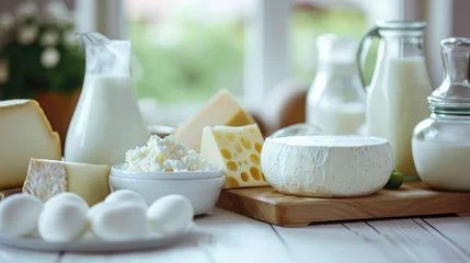 Foto op Plexiglas An assortment of Dairy products on a light colored kitchen. Creative banner for store of healthy farm dairy products. Milk, cottage cheese natural farm, copy space. © SnowElf
