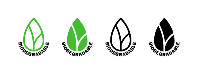 Biodegradable. Leaf icons. Icons of reusable plastic bio packaging. Vector icons - obrazy, fototapety, plakaty