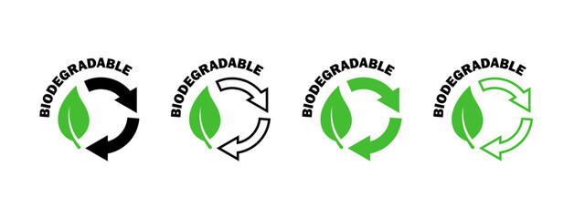 Biodegradable icons set. Recycle signs. Icons of reusable plastic bio packaging. Vector icons - obrazy, fototapety, plakaty