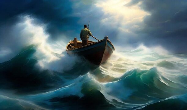 A solitary figure battles against the raging storm on a tumultuous ocean. The battered rowboat, tossed amidst towering waves, is the primary subject of this stunning painting. 