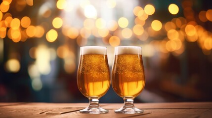 Five glasses of craft beer on the table Christmas market background, bokeh