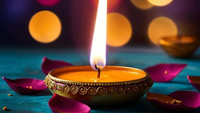 Close-up diwali diya lamps aglow on beautifully colored rangoli