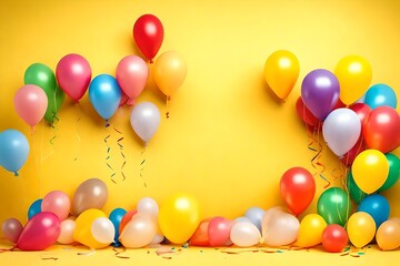 Bunch of vibrant balloons with copy space on a yellow wall backdrop