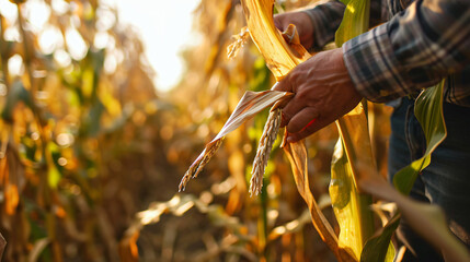 Farmers touching dead corn leaves