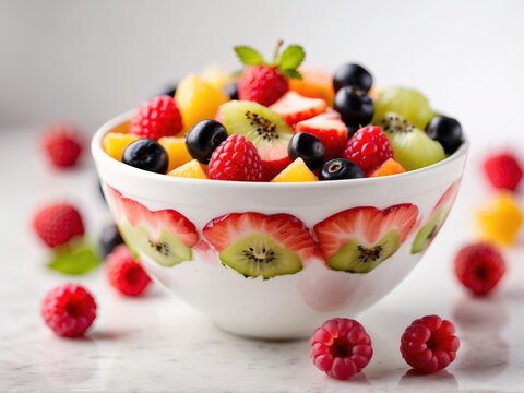 Healthy fresh fruit salad in a white bowl on the white background