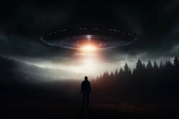 Poster UFO Bewildered Man near ufo. Sky space night. Generate Ai