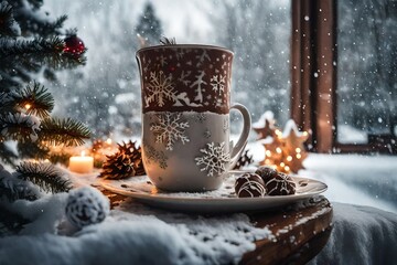 Obraz na płótnie Canvas Warm embrace of winter. morning tea cozy near the window. a chilly drink. Warm drink delight in a wintry setting. tranquility throughout the holidays. Christmas chocolate while gazing outside