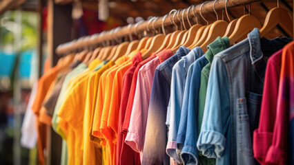 Fototapeta premium Closet Kaleidoscope: Assorted Garments on Hangers of Various Colors