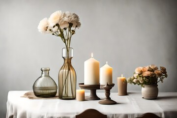 a botlle vase and candle on vintage table on white background