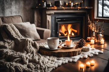 A cozy living room with  mug on the table in winter with fireplace in room