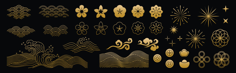 Chinese New Year Icons vector set. Cherry blossom flower, sea wave, hanging lantern, cloud isolated icons of Asian Lunar New Year holiday decoration vector. Oriental culture tradition illustration.