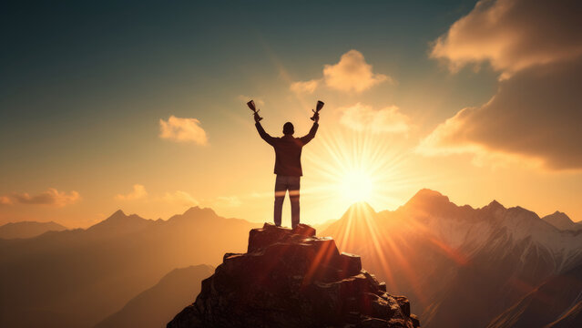 Crowning Achievement: elated Winner at Mountain Peak Sunset