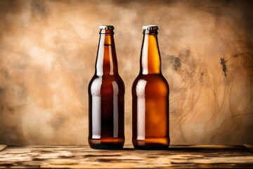 Two horizontally positioned beer bottles, one amber and one blonde
