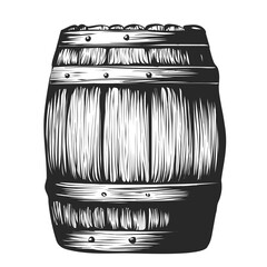 Oak wooden barrel sketch. Hand drawn engraving woodcut style. Rustic Wine, beer, whisky, rum, cognac, bourbon barrel vintage vector illustration isolated on white background.