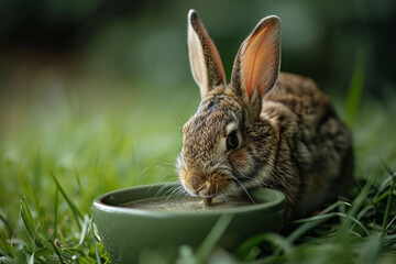 endearing photo showcasing a rabbit enjoying a balanced meal from a minimalist bowl, emphasizing the importance of providing nutritious and quality food for small pets. Minimalisti