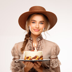 Beautiful women holding birthday cake wearing cap, cowboy girl