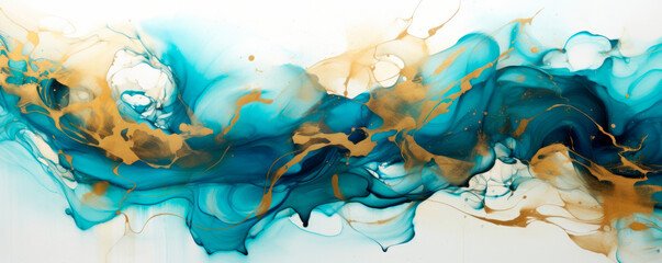 Liquid marble background in gold, green, blue, colors spread in acrylic paint and ink. Abstract...