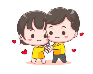 Cute lover couple show heart hand gesture. Boy and girl demonstrate love sign share affection and care. Valentines day and relationships concept design. Chibi cartoon style vector illustration