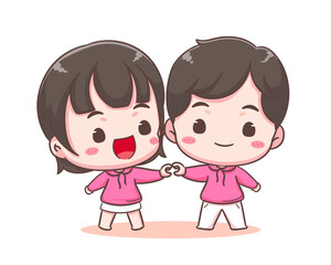 Obraz na płótnie Canvas Cute lover couple show heart hand gesture. Boy and girl demonstrate love sign share affection and care. Valentines day and relationships concept design. Chibi cartoon style vector illustration