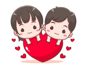 Cute lover couple hugging big love. Boy and girl hugging heart. Valentines day and relationships concept design. Chibi cartoon style vector illustration