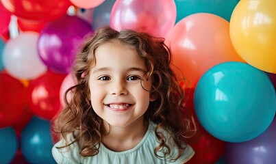 Fototapeta na wymiar Little Girl's Joyful Encounter With Colorful Balloons
