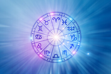 Zodiac signs inside of horoscope circle. Astrology in the sky with many stars and moons  astrology and horoscopes concept